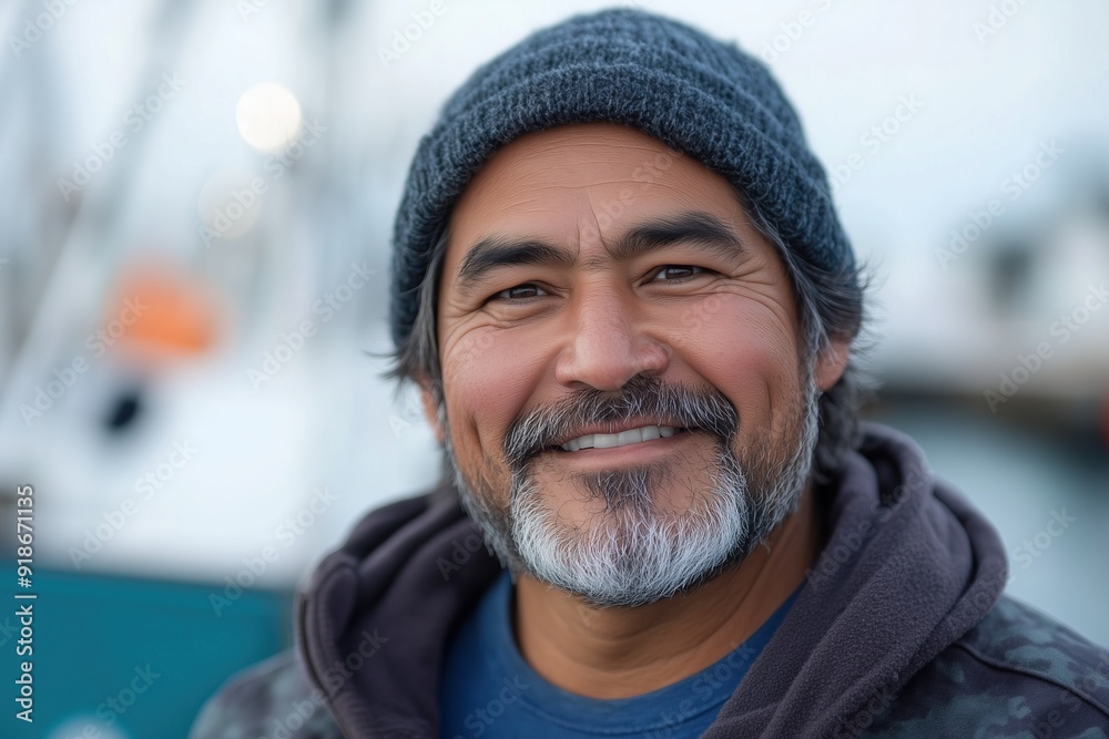Middle-aged man with a gray beard wearing a beanie, smiling warmly in a harbor setting, soft lighting. Middle-aged man with a gray beard wearing a beanie, smiling warmly in a harbor setting, soft lighting.