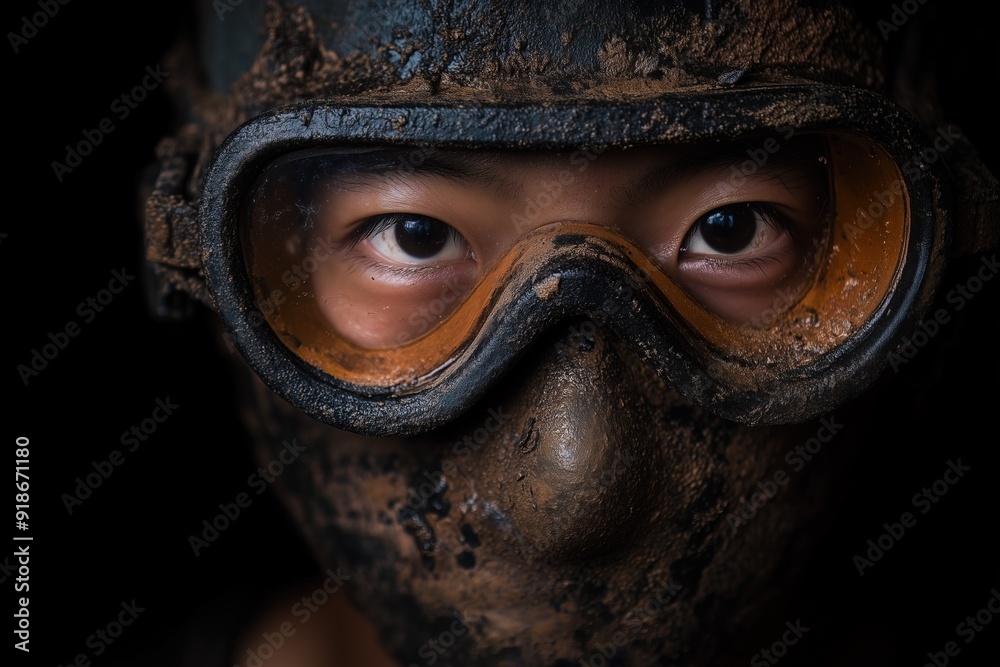 Close-up of a muddy face with goggles, intense eyes, Asian male in rough working conditions, dark background. Close-up of a muddy face with goggles, intense eyes, Asian male in rough working conditions, dark background.