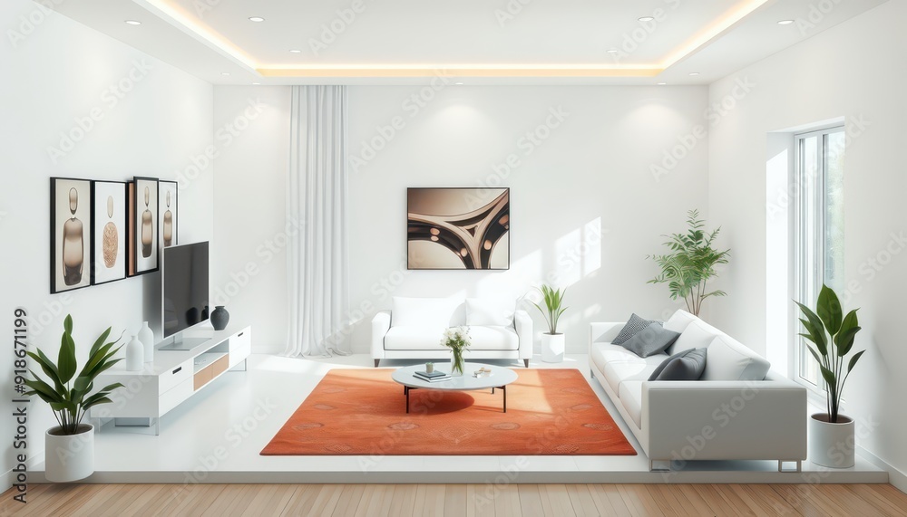 Modern Living Room Interior Design with White Furniture and Orange Rug. Modern Living Room Interior Design with White Furniture and Orange Rug.