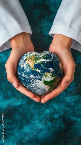 The doctor's hands gently hold the globe in the shape of a heart, symbolizing care for the health of mankind.