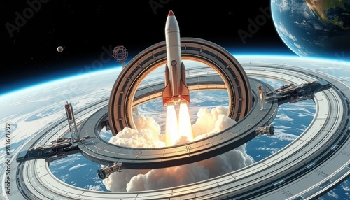 Fototapeta Naklejka Na Ścianę i Meble -  Rocket Launching From Orbital Space Station.