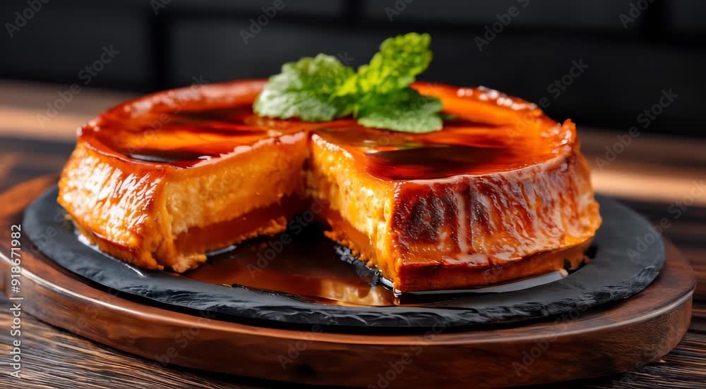 Traditional Spanish food Flan. It features a creamy custard with a caramelized sugar topping, presented on a black slate with a garnish of fresh mint leaves.