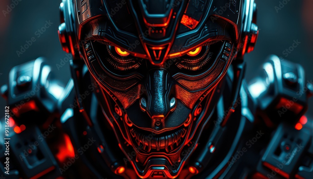 Close-up of a futuristic robot with glowing red eyes. Close-up of a futuristic robot with glowing red eyes.