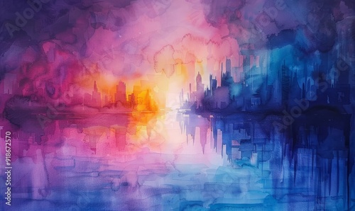 A painting of a city skyline with a sunset in the background