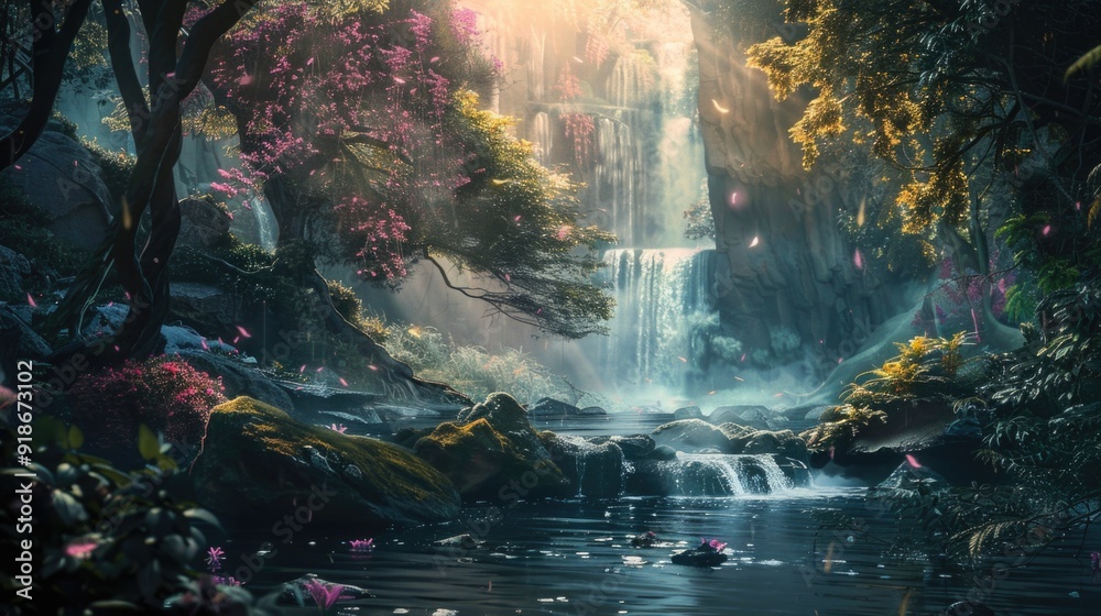 Fototapeta premium A serene waterfall surrounded by dense foliage and vibrant greenery