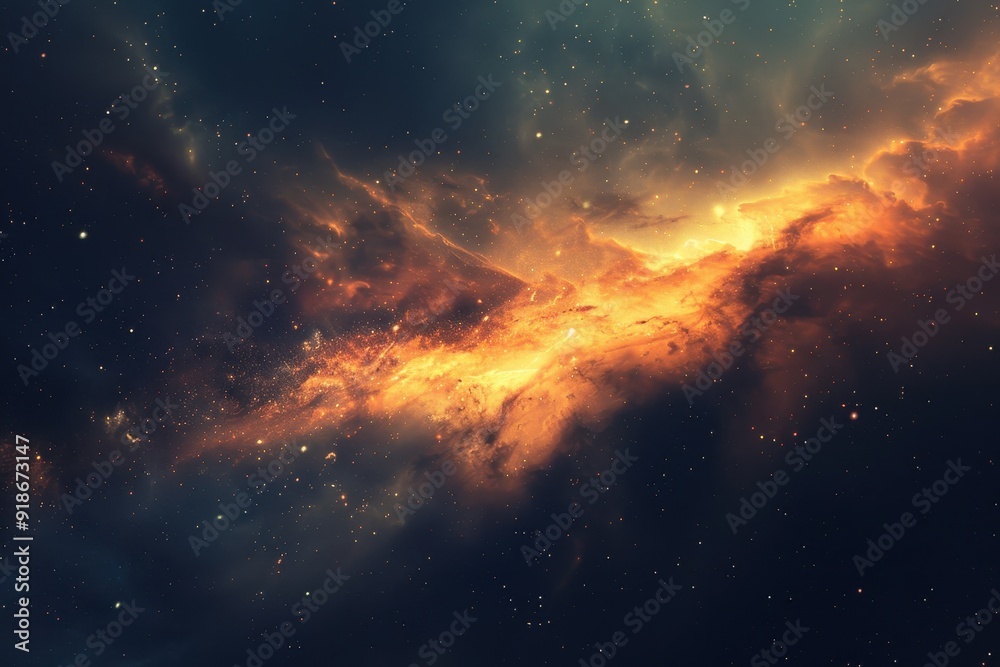 Fototapeta premium Glowing orange and yellow nebula with bright stars in deep space