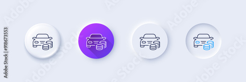 Buy car line icon. Neumorphic, Purple gradient, 3d pin buttons. Rent transport sign. Vehicle down payment symbol. Line icons. Neumorphic buttons with outline signs. Vector
