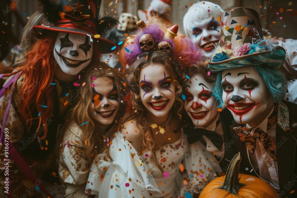 Happy young people dressed up as different spooky costumes characters, with scary makeup on faces having fun at Halloween costume party. Group portrait of adult friends with traditional smiley jack-o-