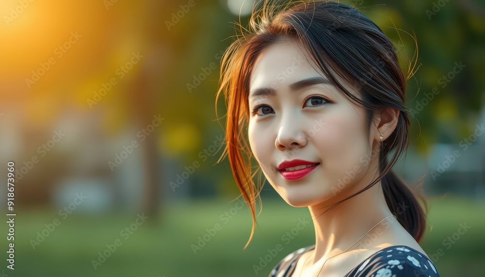 Naklejka premium Beautiful Asian Woman in the Park.
