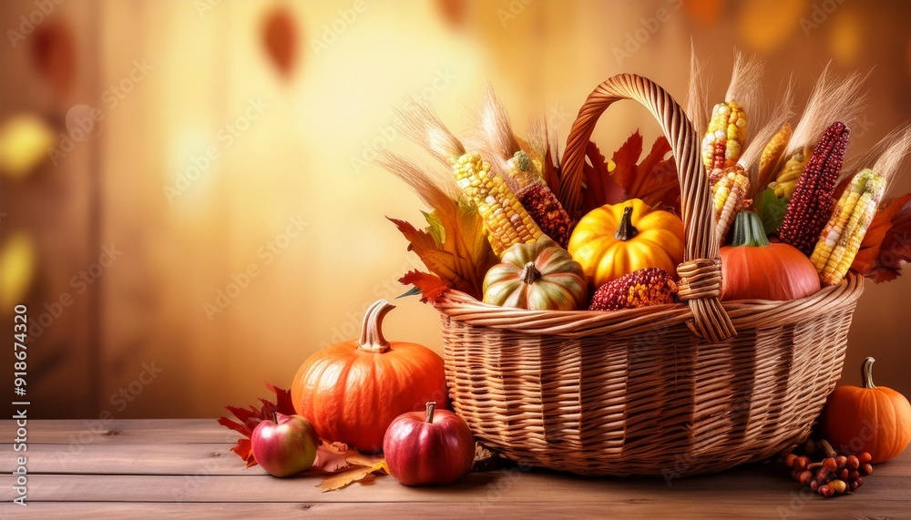 Cozy Autumn harvest in basket - corn, pumpkin and leaves on wooden background. Thanksgiving basket with text. Graphic art illustration Cozy Autumn harvest in basket - corn, pumpkin and leaves on wooden background. Thanksgiving basket with text. Graphic art illustration