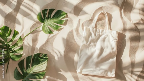 A white tote bag sits on a textured beige background with monstera leaves and sunlit shadows.