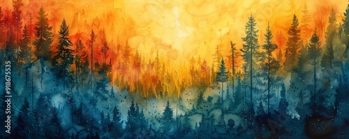 Watercolor abstract forest with morning dew.