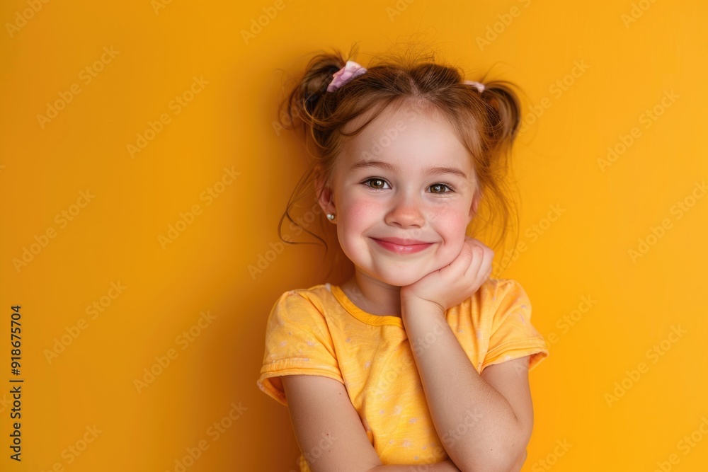A young girl sitting with her hands resting on her chin, looking directly at the camera