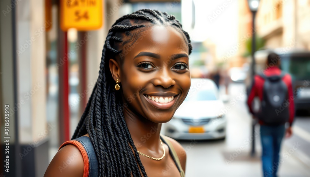 Smiling Black Woman With Braids In City Street. Smiling Black Woman With Braids In City Street.