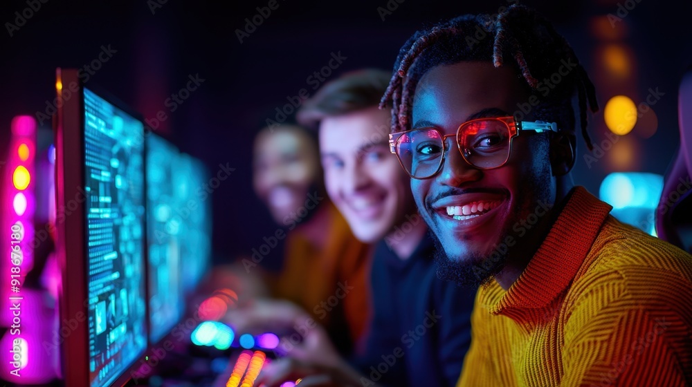 Obraz premium Group of young gamers immersed in online gaming at a high-tech LAN party, illuminated by vibrant neon lights.
