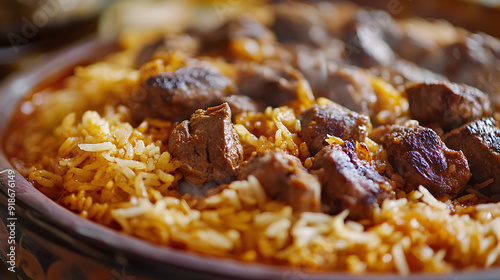 Kabsa close-up, rice and meat dish, saudi arabia national traditional food. Muslim family dinner, Ramadan, iftar. Arabian cuisine. Religious holiday, holy month