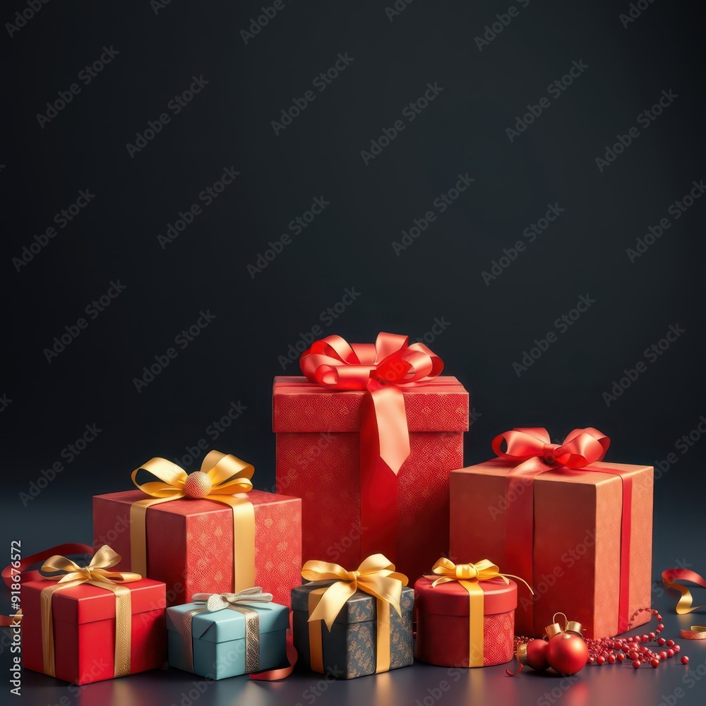 Obraz premium Gift Boxes with Red and Gold Ribbons on Dark Background.