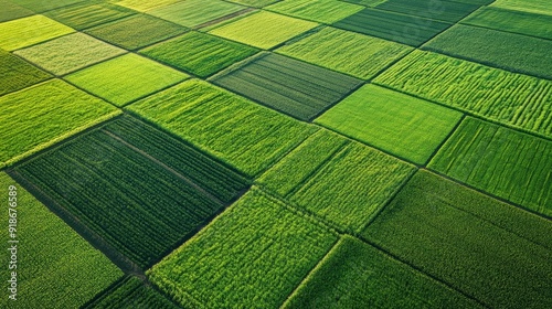 An aerial view of a patchwork of green fields, each with a unique pattern created by rows of crops.