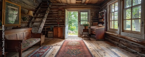 Historic cabin with wooden beams.