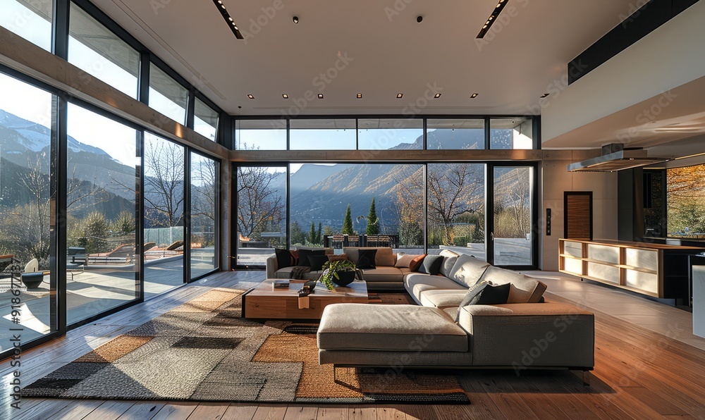 Contemporary mountain villa with large windows. Contemporary mountain villa with large windows.