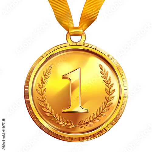 Winner golden medal set isolated on transparent background. First place in competition. Game champion prize award of honor. Collection for design