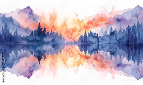 Watercolor abstract twilight reflections on white.