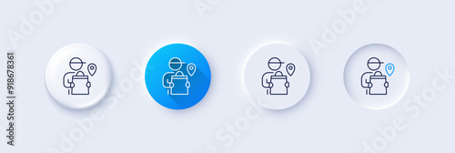 Delivery man line icon. Neumorphic, Blue gradient, 3d pin buttons. Courier location sign. Order delivery symbol. Line icons. Neumorphic buttons with outline signs. Vector