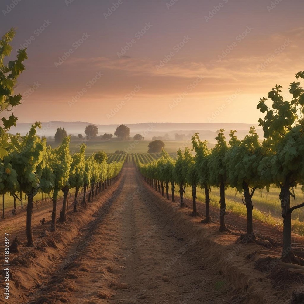 Fototapeta premium A Peaceful Vineyard At With Rows Of Grapevines Stretching Into The Distance And Morning Mist Hovering Over The