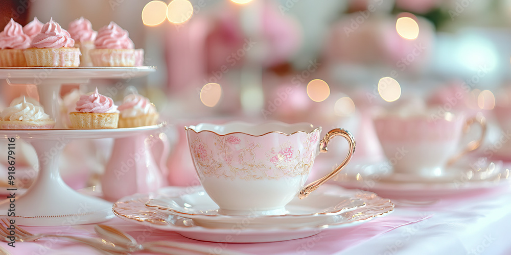 Elegant Pink Tea Party: A formal tea party setting with delicate china tea cups and pink-colored treats Elegant Pink Tea Party: A formal tea party setting with delicate china tea cups and pink-colored treats