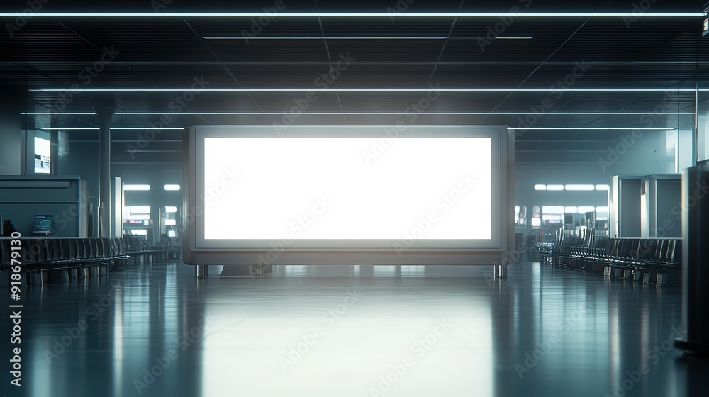 A Blank Billboard in an Airport Hallway with Rows of Seats A Blank Billboard in an Airport Hallway with Rows of Seats