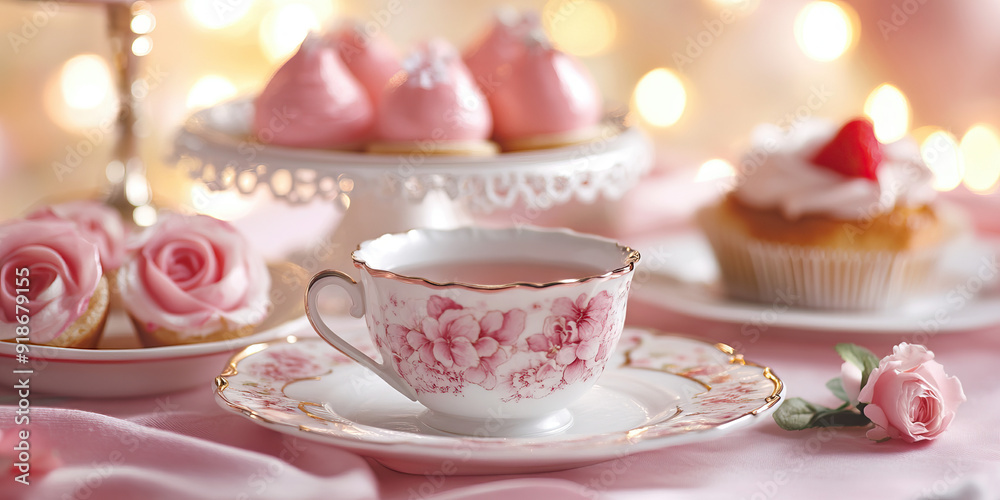 Elegant Pink Tea Party: A formal tea party setting with delicate china tea cups and pink-colored treats Elegant Pink Tea Party: A formal tea party setting with delicate china tea cups and pink-colored treats