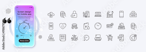 Tv stand, Support and File storage line icons for web app. Phone mockup gradient screen. Pack of 5g upload, Fuel price, Food delivery pictogram icons. Cross sell, Smile chat, Fake news signs. Vector