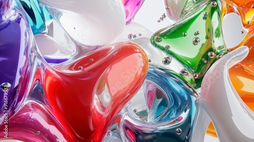 Liquid glass sculptures with bright colors, biomorphic shapes and water droplet effects. photo