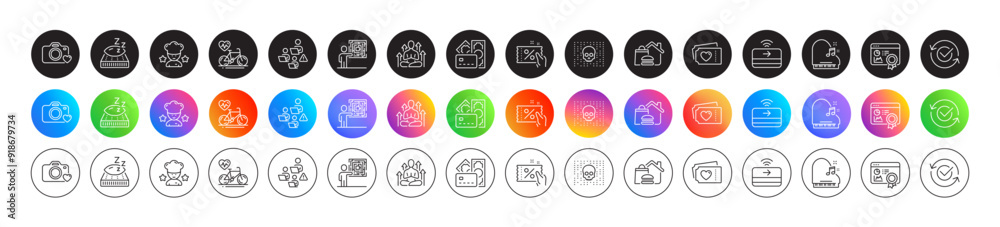 Piano, Photo camera and Mattress line icons. Round icon gradient buttons. Pack of Best chef, Cyber attack, Contactless payment icon. Business skill, Yoga, Discount coupon pictogram. Vector Piano, Photo camera and Mattress line icons. Round icon gradient buttons. Pack of Best chef, Cyber attack, Contactless payment icon. Business skill, Yoga, Discount coupon pictogram. Vector