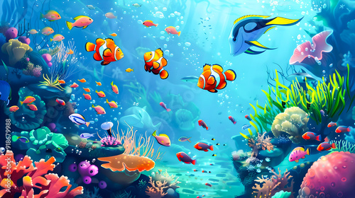 A breathtaking underwater scene showcasing a vibrant coral reef ecosystem teeming with diverse marine life including playful clownfish swimming among the anemones and other colorful tropical fish