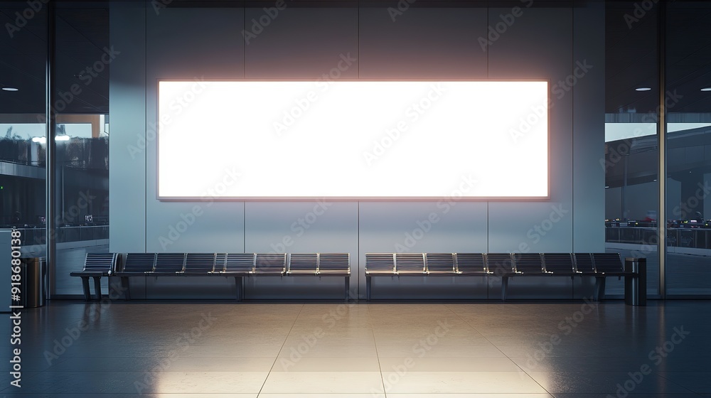 Blank Billboard with Benches in Modern Interior Blank Billboard with Benches in Modern Interior