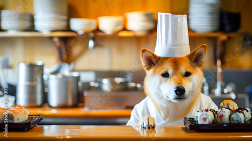 Adorable Shiba Inu dog wearing chef s uniform and hat working in the kitchen of a Japanese sushi restaurant preparing food with various cooking equipment and tools