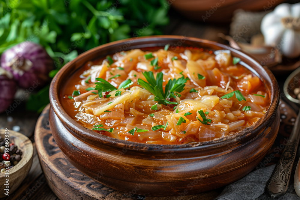 Close-up of a bowl of cooked cabbage stew bigos. Close-up of a bowl of cooked cabbage stew bigos.