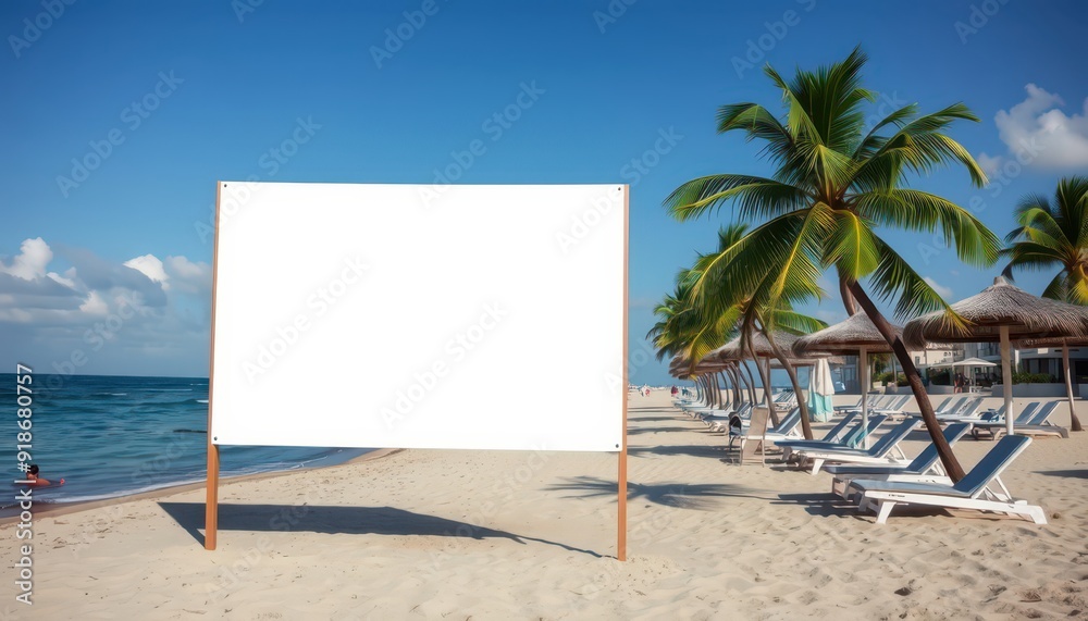 Blank Sign on Tropical Beach.