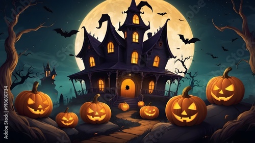 Haunted background with illustrations of pumpkins, a cemetery and bats in the middle of a full moon. Premium illustration for banners, posters, greetings and Halloween celebrations. Generative AI 