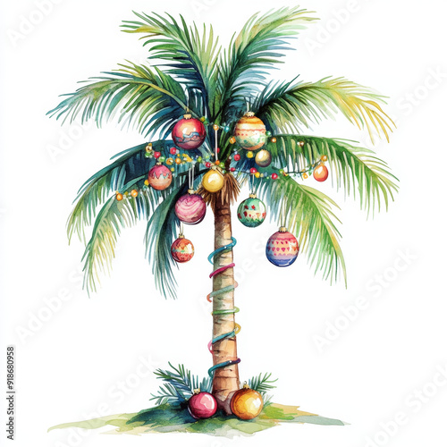 A delicate watercolor painting of a palm tree decorated with colorful Christmas ornaments, capturing the festive spirit of a tropical holiday.