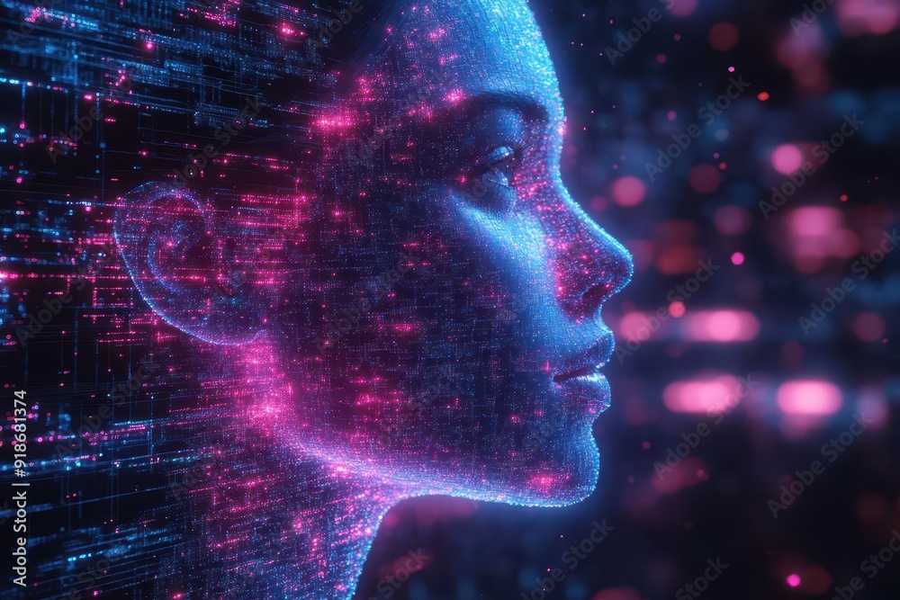 futuristic 3d render of a human head composed of glowing digital blocks neon blue and purple hues against a dark background representing artificial intelligence and cognitive technology futuristic 3d render of a human head composed of glowing digital blocks neon blue and purple hues against a dark background representing artificial intelligence and cognitive technology