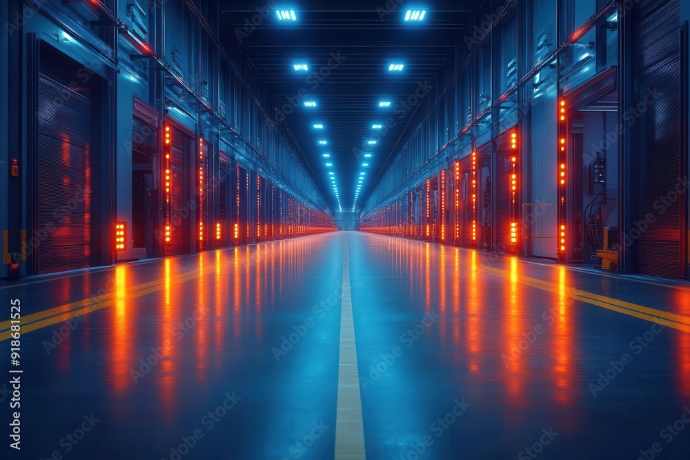 futuristic automated warehouse with robotic arms and aicontrolled logistics systems bathed in cool blue light and sleek metallic surfaces futuristic automated warehouse with robotic arms and aicontrolled logistics systems bathed in cool blue light and sleek metallic surfaces