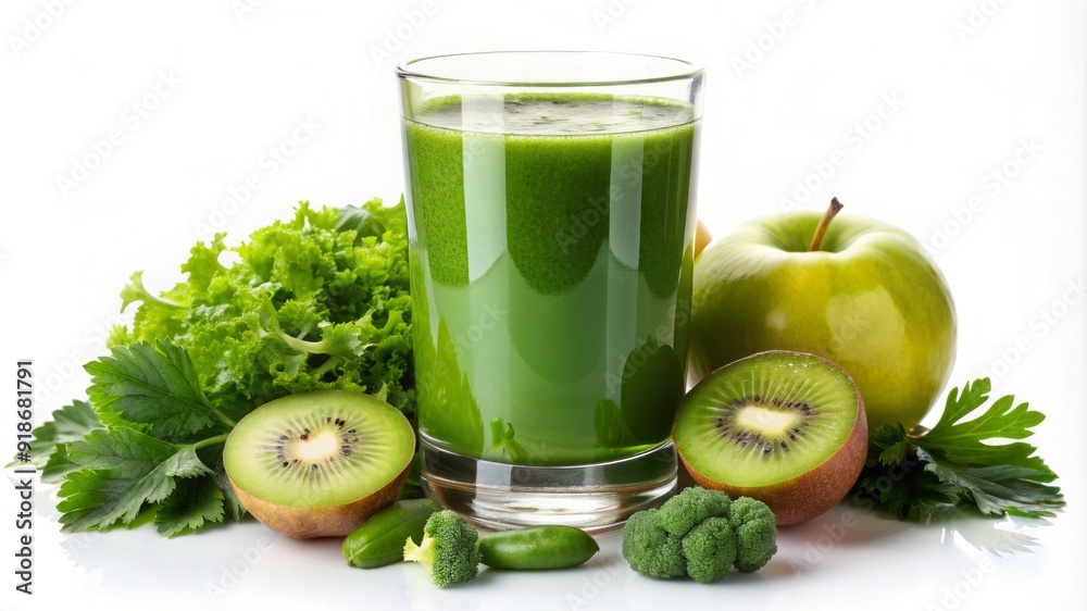 A glass of green juice with a kiwi and broccoli on the table