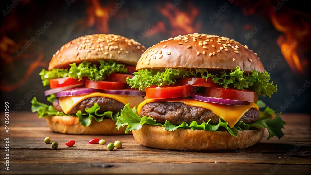 Two hamburgers with lettuce and onions on top of a wooden table Two hamburgers with lettuce and onions on top of a wooden table