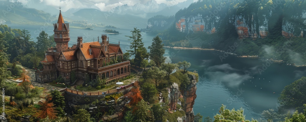 Naklejka premium Cliffside mansion with dramatic scenery.