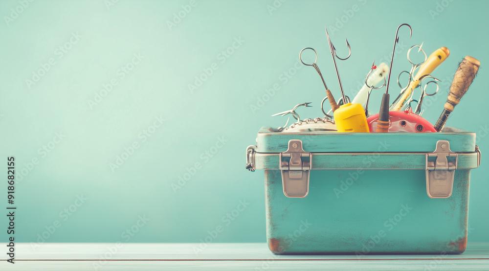 Obraz premium Fishing Tackle Box with Hooks Drifting in the Gentle Breeze