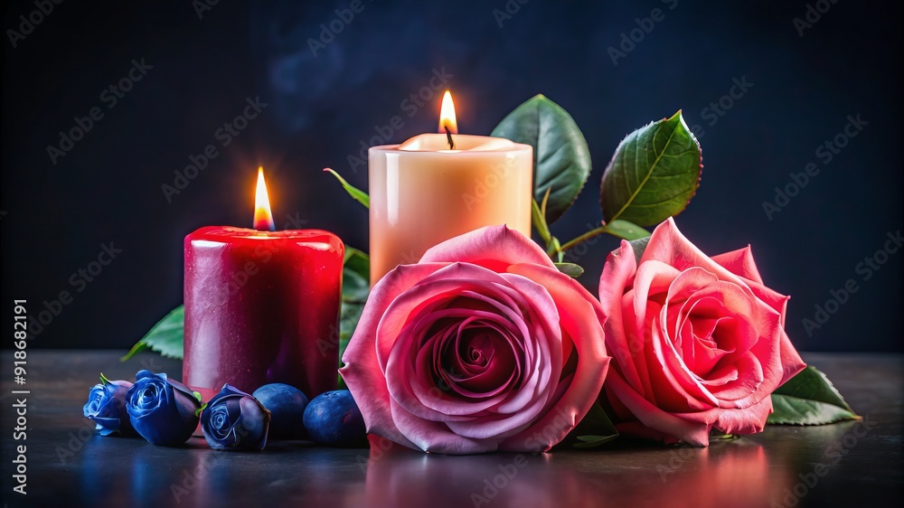 A table with three candles and two roses