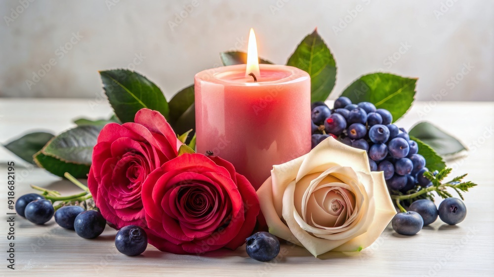 A candle is lit next to a bouquet of roses and blueberries A candle is lit next to a bouquet of roses and blueberries
