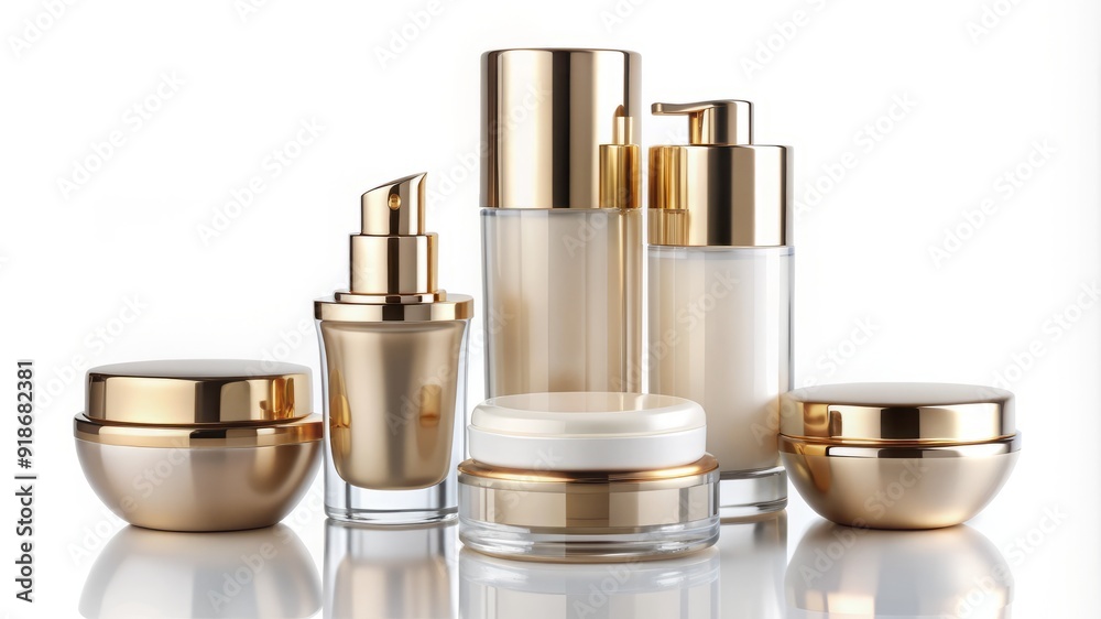 A collection of beauty products, including a bottle of lotion, a bottle of cream A collection of beauty products, including a bottle of lotion, a bottle of cream